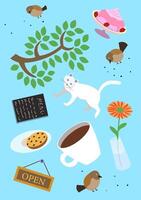 Playful coffee themed doodle set featuring cup, tea and desserts. Warm and aromatic design, perfect for cafe menu, stickers, banner and decorative background with trendy artistic touch. Art print. vector