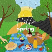 Spring picnic in park on modern drawing square banner. Blanket on grass with food and drink. Sunny weather background. Relaxing outdoor scene. Ideal for holiday or vacation promotion. vector