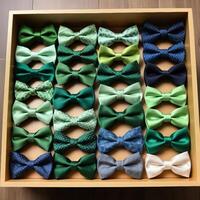 A colorful assortment of green bow ties proudly displayed in a neat arrangement, showcasing various fabrics and patterns, perfect for adding style to formal occasions or wardrobe photo