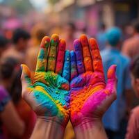 Hands covered in vibrant colored powders, symbolizing joy and celebration during a festival. This image showcases the spirit of color and togetherness in cultural events. photo