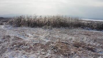 Close-up view from a drone to the ground covered with ice at sunset. video