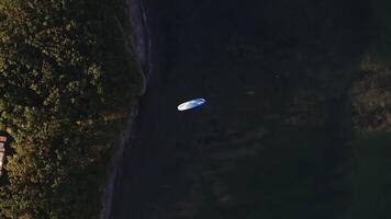 Aerial view of a paraglider with an engine flying by the coast of the sea video