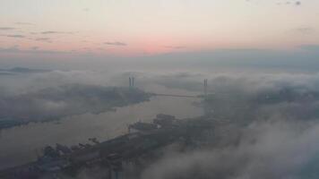 Drone view of the city, bay and big bridge covered with fog at sunset video