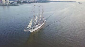 Aerial view of the frigate Nadezhda under sail in the Amur Bay video