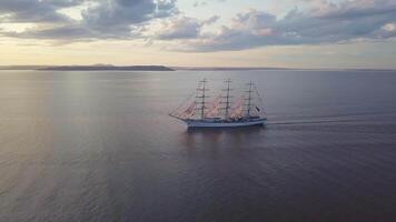 Aerial view of the frigate Nadezhda under sail in the Amur Bay video