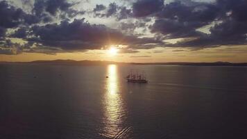 Aerial view of the frigate Nadezhda under sail in the Amur Bay video