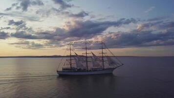 Aerial view of the frigate Nadezhda under sail in the Amur Bay video