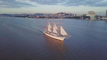 Aerial view of the frigate Nadezhda under sail in the Amur Bay video