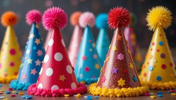 An array of colorful party hats decorated with polka dots, stars, and pompoms, ideal for birthdays or celebrations. photo