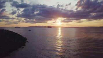 Aerial view of the frigate Nadezhda under sail in the Amur Bay video