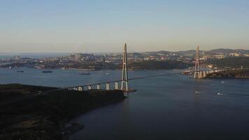 Aerial view of the Russian bridge at sunset. Vladivostok, Russia video