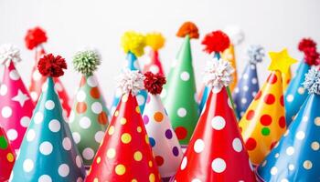Assortment of colorful party hats decorated with polka dots, stars, and pompoms, ideal for birthdays or celebrations. photo