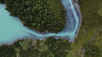 Aerial view of the turquoise river flowing in the coniferous forest from above video