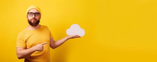 man point at storage cloud photo