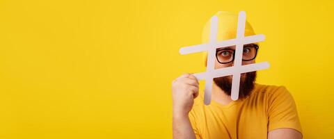 man with hashtag panoramic layout photo