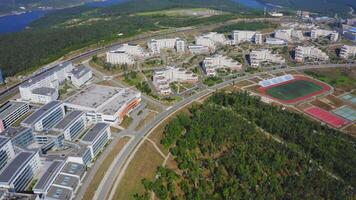 View from a drone on the campus of the university video
