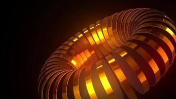3D animation of a golden segmented torus slowly rotating against a dark background, 4K seamless looping videos. video