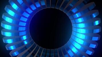4K seamless loop 3D animation glowing blue circle with spinning sections on a black background video