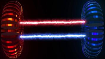 Abstract animated background featuring red and blue lasers between futuristic donut shapes video