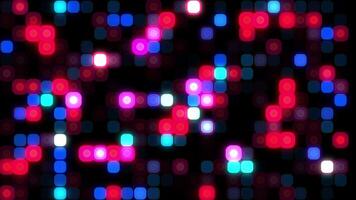 Retro style abstract animation of colorful glowing squares and circles moving across a black backdrop, creating a vibrant, dynamic effect. video