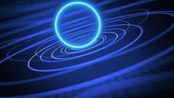 Futuristic blue technology background featuring concentric circles, lines, and a glowing sphere. video