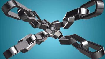 Animation of four interlocking metal chains rotating to form an X against a blue background. video