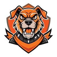 An angry dog mascot head with an orange and black shield vector