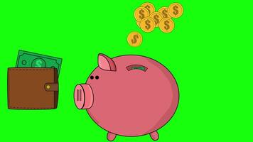 Coins Entering a Piggy Bank from a Wallet On Greenscreen Background 2D Cartoon Animation video
