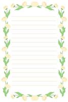 Paper page template for letter or notebook with elegant floral edges featuring peonies in flat style on white background vector