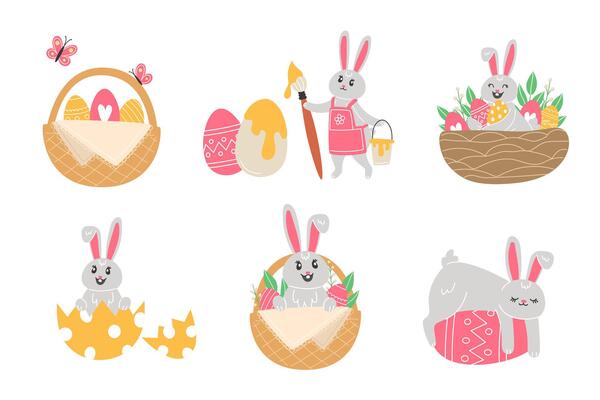 Set of Easter Bunnies with Easter Eggs and Basket