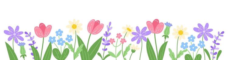 Floral border with multicolored wildflowers. Botanical decoration with spring and summer flowers on a green meadow. Flat-style illustration isolated on a white background vector