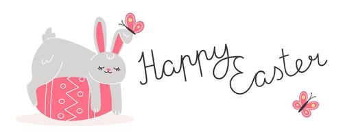 Easter Poster with Sleeping Bunny on an Easter Egg and Butterfly on Its Ear vector