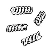 illustration of a pasta set in black and white. Hand drawn sketch featuring macaroni, fusilli, rotini, and girandole. For culinary, food designs. With a white isolated background vector