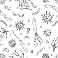 Seamless pattern featuring hand drawn bacilli, bacteria and viruses in black and white. For medical, biological and microbiology designs, representing infection, immunity and healthcare themes vector