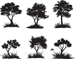Set of big tree with grass silhouette vector