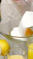 add sugar to eggs Pouring Sugar Into Clear Bowl Containing Fresh Eggs While Preparing to Bake in Cozy Kitchen. Adding sugar to egg in kitchen bowl. Cooking biscuits. Cooking and baking concept video