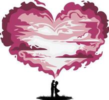 a silhouette of a couple kissing in front of a pink heart vector