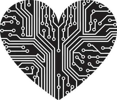 Silhouette design of a heart icon integrated with a circuit board pattern vector
