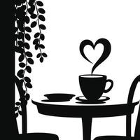 a black and white illustration of a table with a cup of coffee and a chair vector