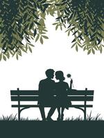 silhouette of a couple sitting on a bench under a tree vector