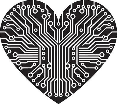 Heart-shaped silhouette combined with a circuit board design pattern vector