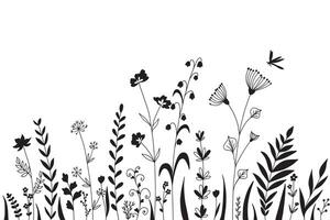 Wildflower field with dragonfly black and white vector