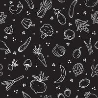 Hand drawn linear style. Seamless vegetable, berries and fruits pattern vector