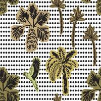 Tropical palm trees, parrot on the black polka dot background. Hand drawn geometric summer vacation seamless pattern. Jungle textile design, background, print. Cute cut out style of plants. vector
