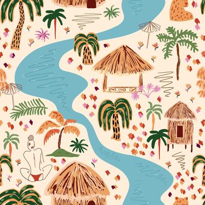 Scenic tropical landscape seamless pattern. Hand painted palm tree, cabin, river, leopard spot, girl silhouette. Summer vacation, beach print, textile, background, fabric wallpaper