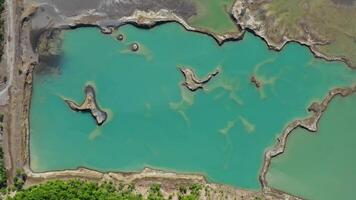 Drone view of the turquoise lake formed as a result of mining waste video