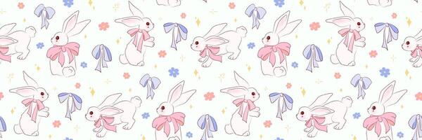 Seamless pattern with hand drawn bunnies wearing pink bows, pastel flowers and ribbons on a light background. Crayon texture. Cute background in coquette style, wallpaper for spring, Easter designs. vector