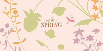 Hello Spring background with floral silhouettes on a soft beige background. Hand drawn flowers with crayon pencil texture. Vintage style design with trendy typography, pastel colored seasonal banner. vector