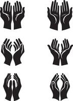 Ramadan and Eid hands in different positions, black and white silhouette vector