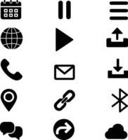 Icons Set, Menu, Calendar, Globe, Share, Chat, Download, Upload, Link, Bluetooth, Mail, Phone, Location, Cloud, Play, Pause vector